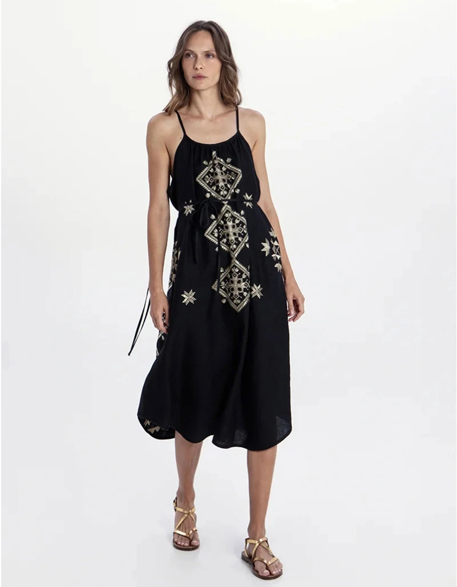 Lefkada embroidered midi  dress black-gold — Greek Archaic Kori