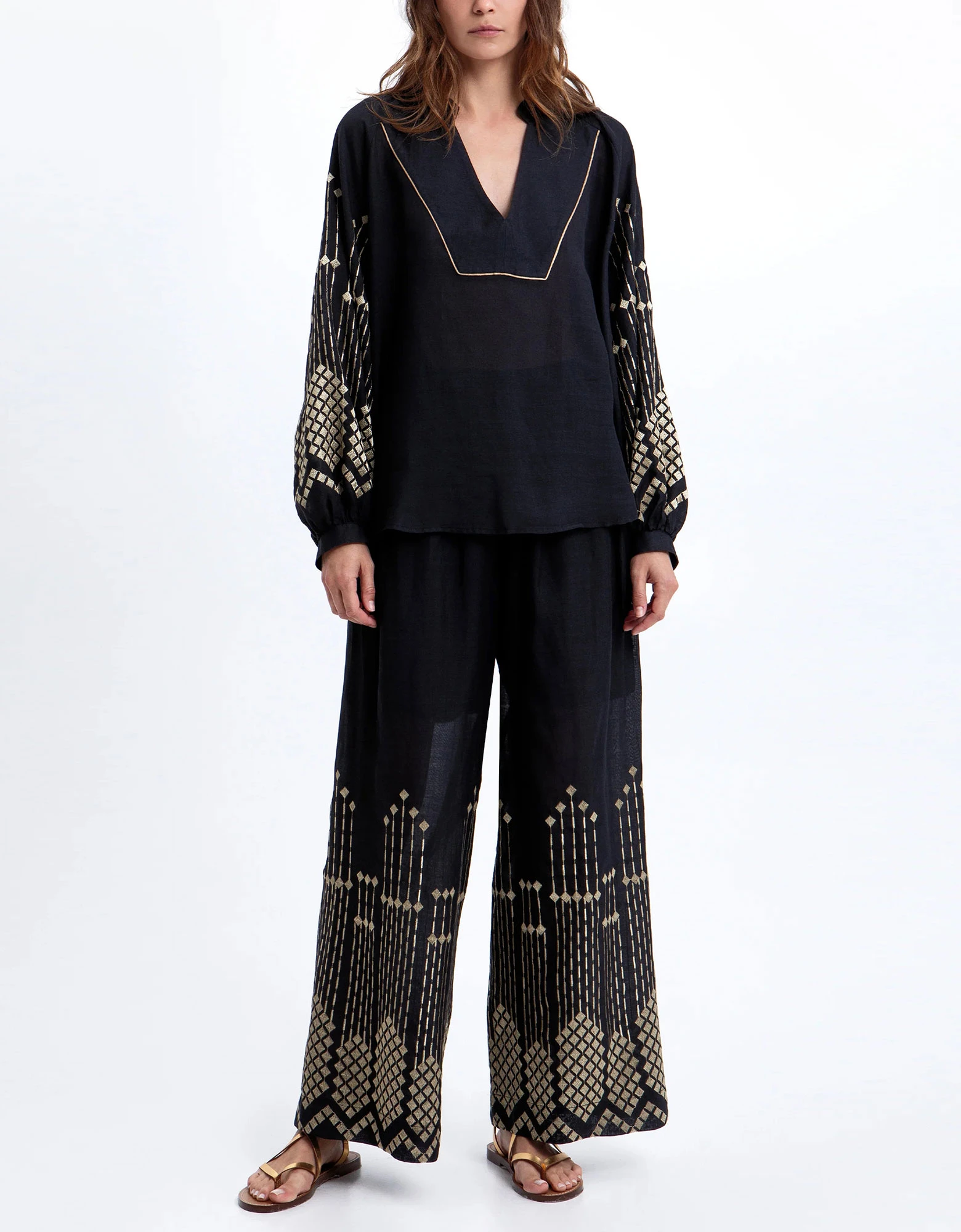 Embroidered pants black-gold — Greek Archaic Kori