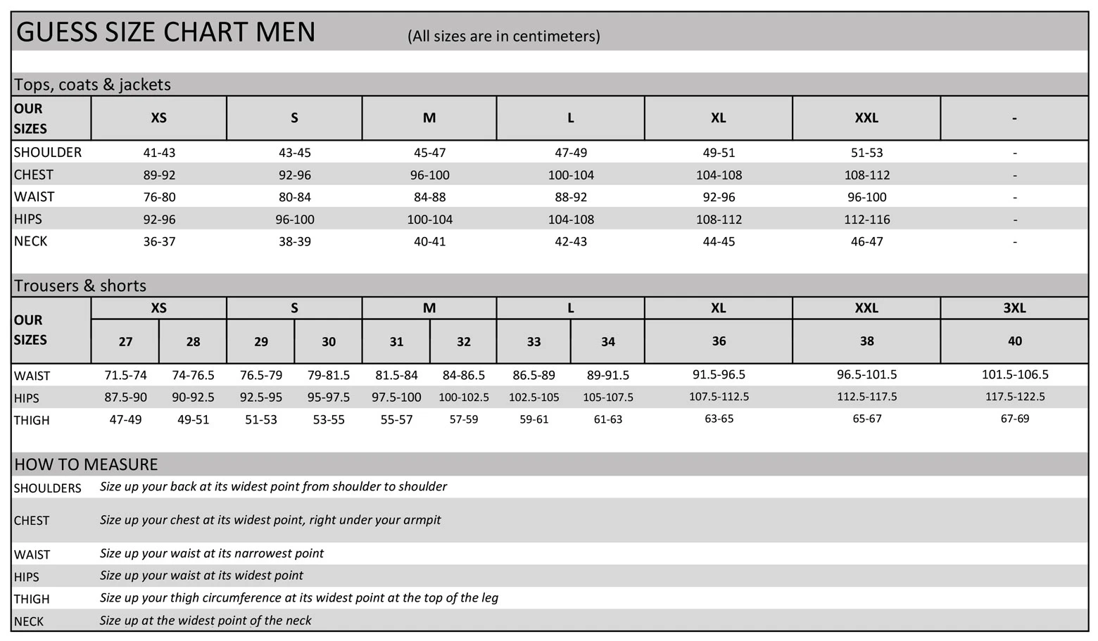 Size guide — Guess