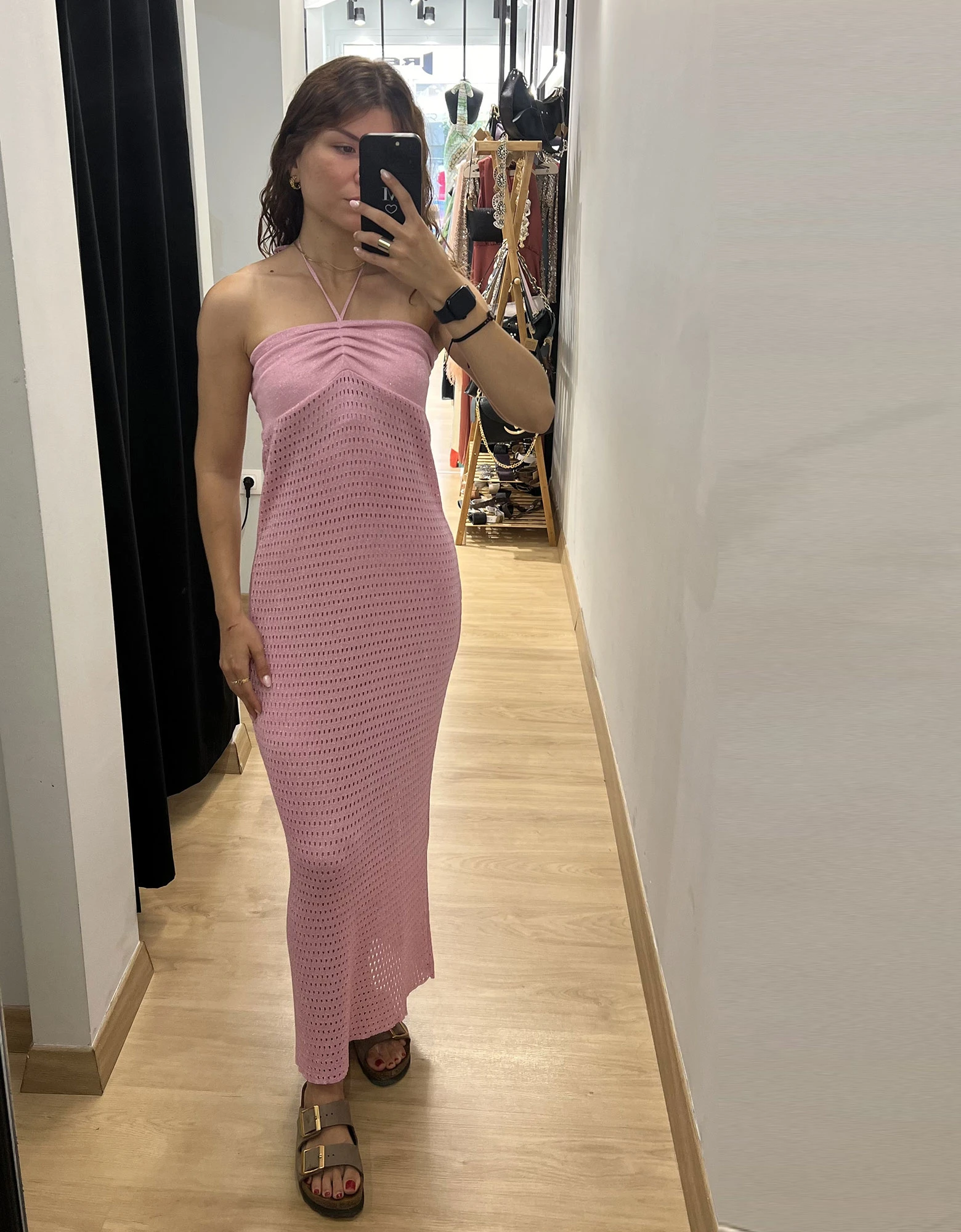 Combos Knitwear Neck tie maxi lurex dress pink — φωτογραφία 1 από 3