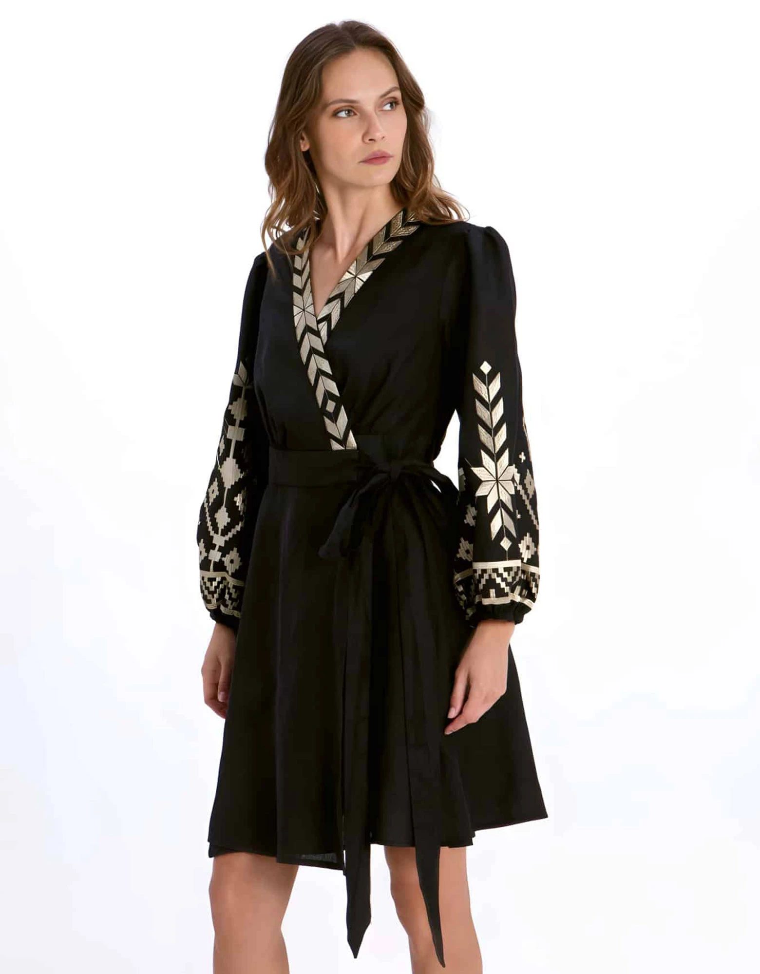 Ios mini linen wrap dress black-gold — Greek Archaic Kori