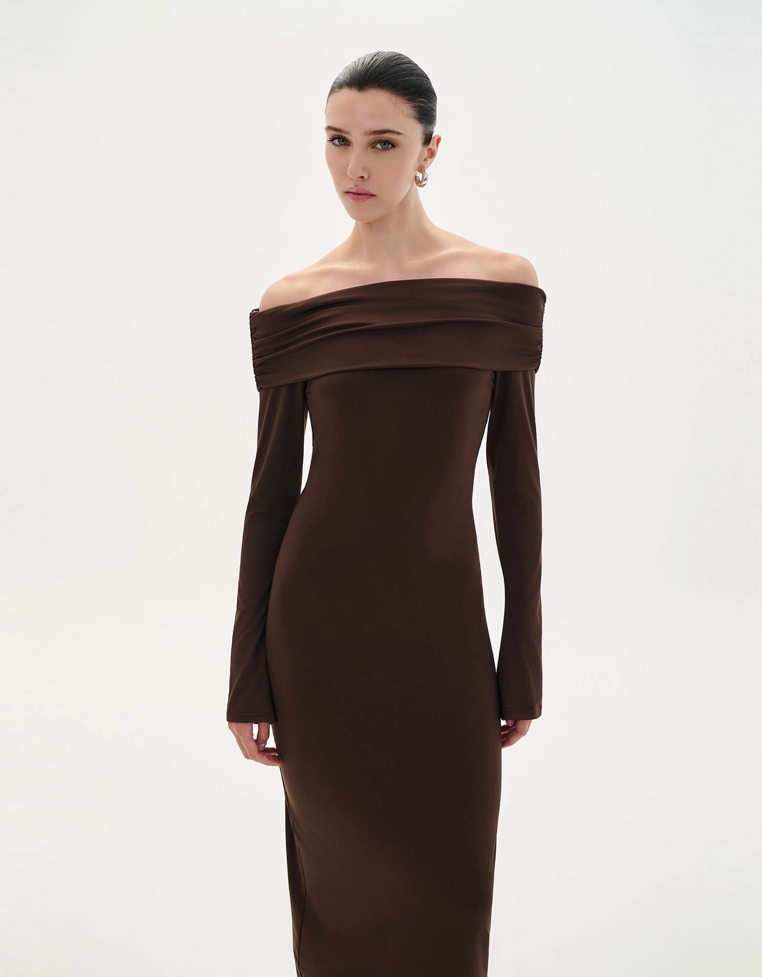 Off shoulder maxi dress brown — Combos Knitwear