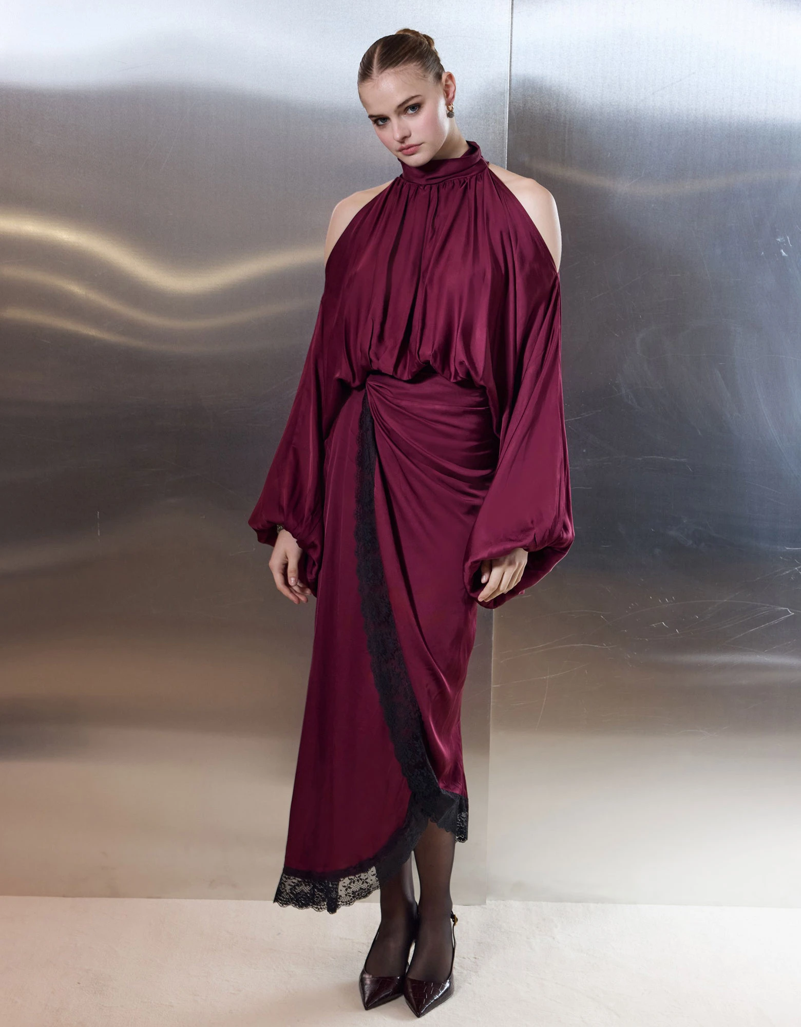 Sweet romance wrap satin lace skirt wine red — Ciel Concept