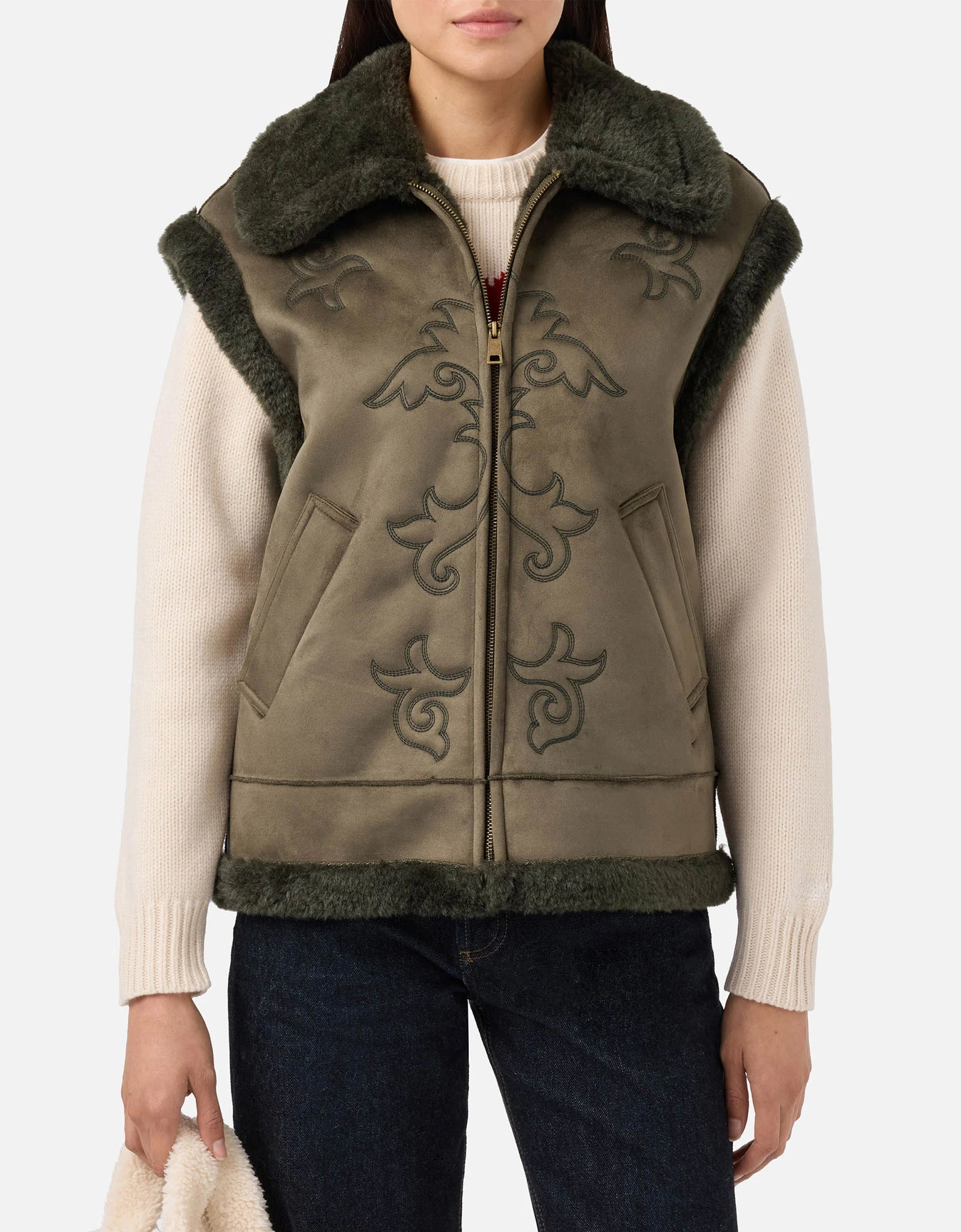 Hesketh faux-shearling gilet with western embroidery khaki — MC2 Saint Barth