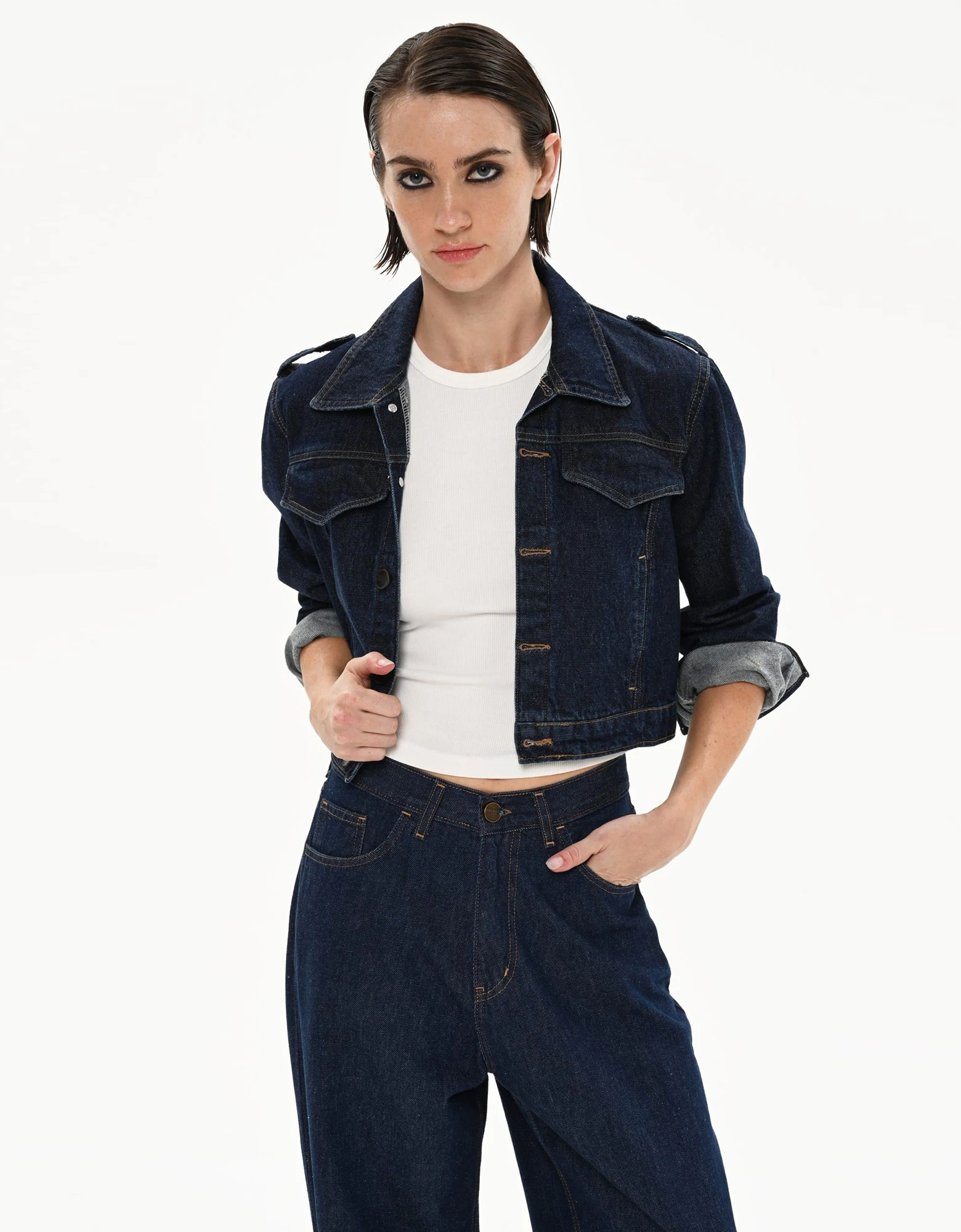 Faye ocean blue cropped jacket — Sac Jeans